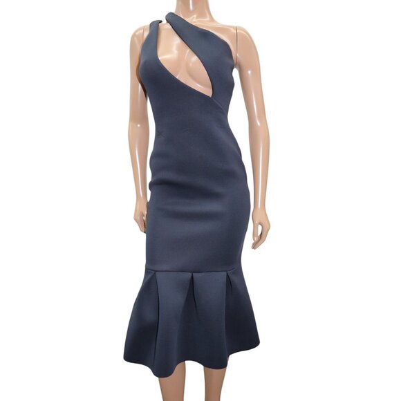 ASOS One Shoulder Cutout Trumpet Midi Dress Neoprene Navy Blue 6 - Picture 2 of 10